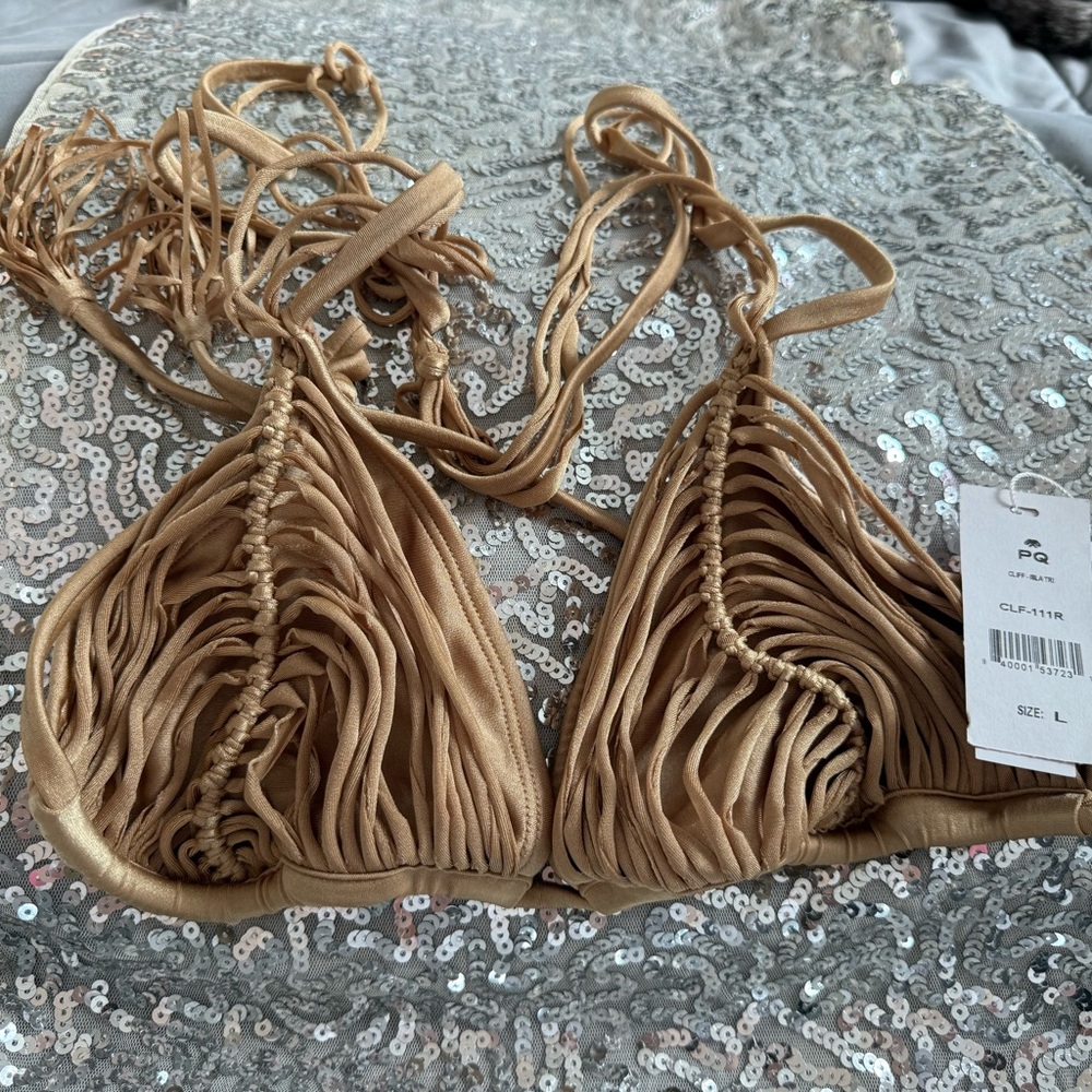 PQ Swim Tan Triangle Bikini Top with Fringe and Braided Straps